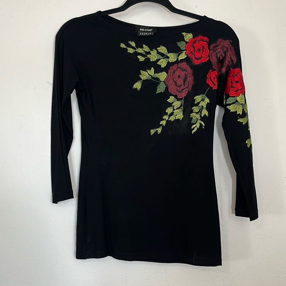 Isabel De Pedro Top Womens 8 Black Embroidered Blouse